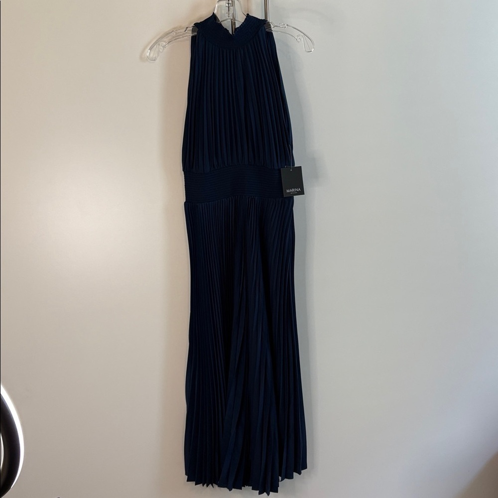 MARINA Deep Blue Knife Pleated Sleeveless Midi Dress - Picture 3 of 12
